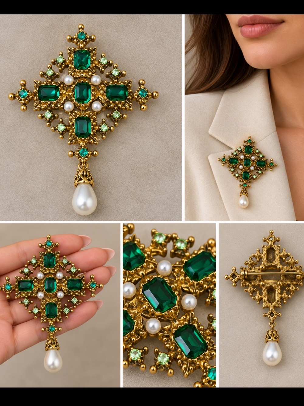 Vintage-Inspired Gold Brooch with Emerald Green Stones and Pearl Drop